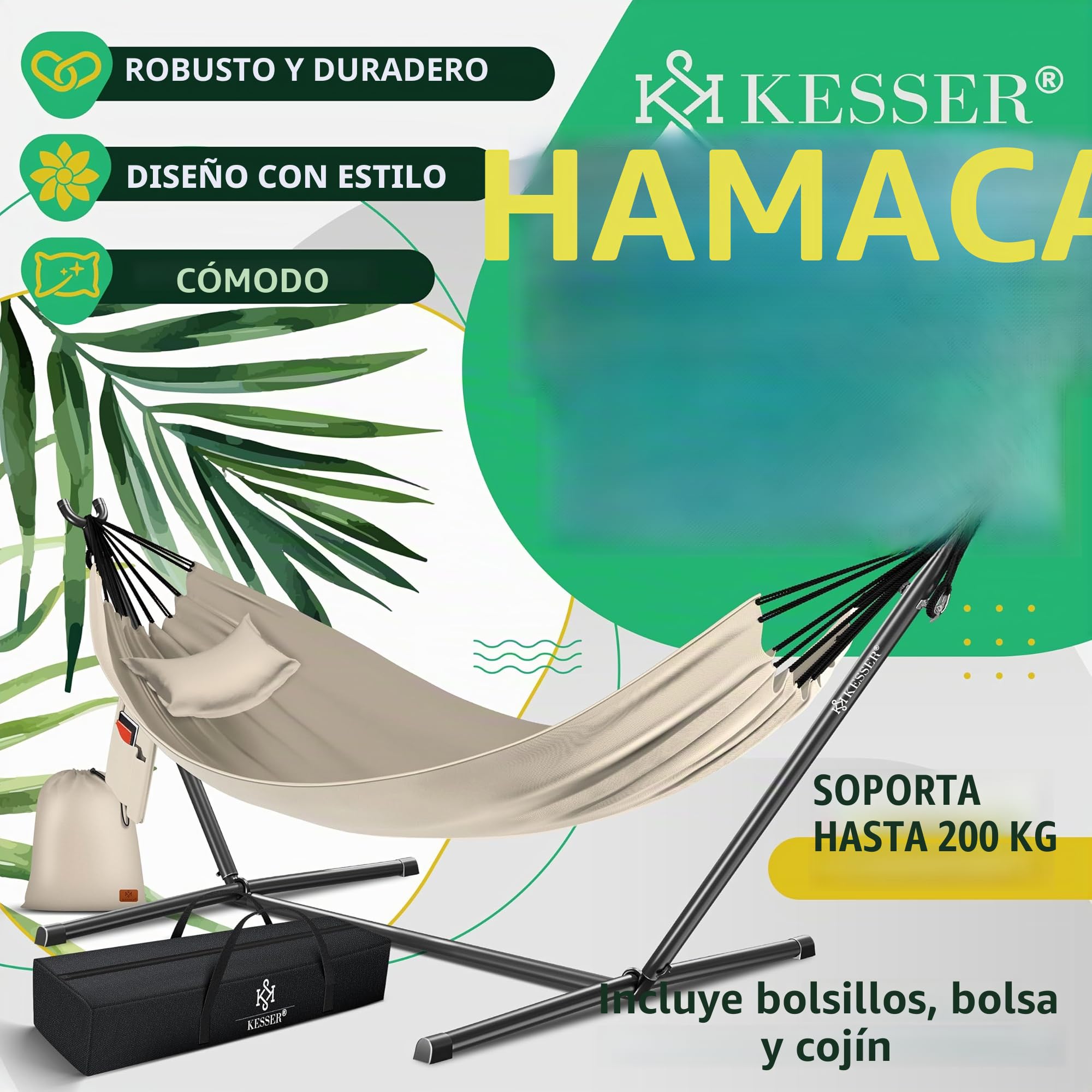 KESSER® Hamaca Lake con Estructura Doble para 2 Personas - Resistente Marco 200kg Capacidad Interior y Exterior XXL Columpio Doble Multijugador Jardín Piscina Balcón Terraza, Beige