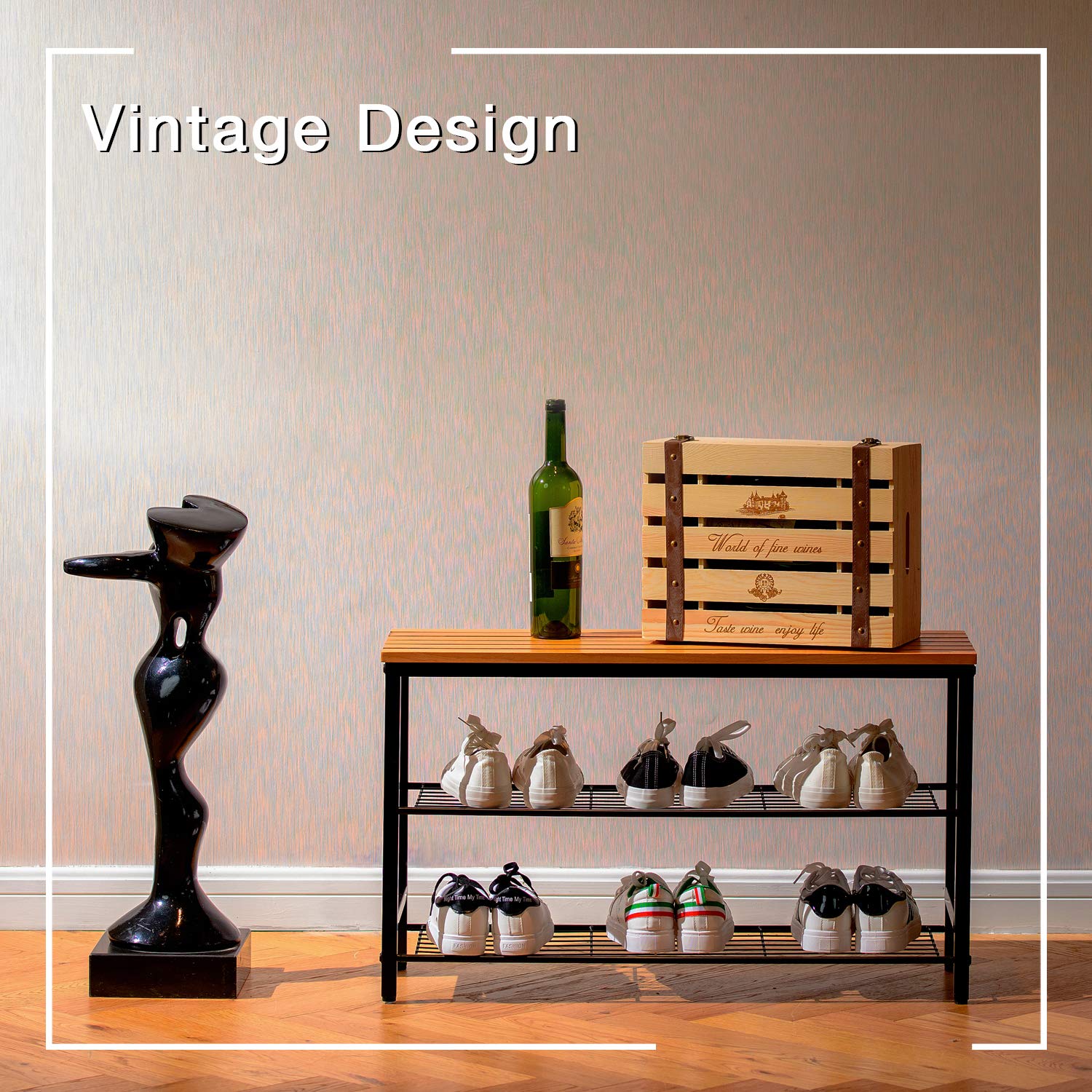 Hododou 3 Tier Shoe Rack Bench Shoe Storage Rack with Seat Beech Wood