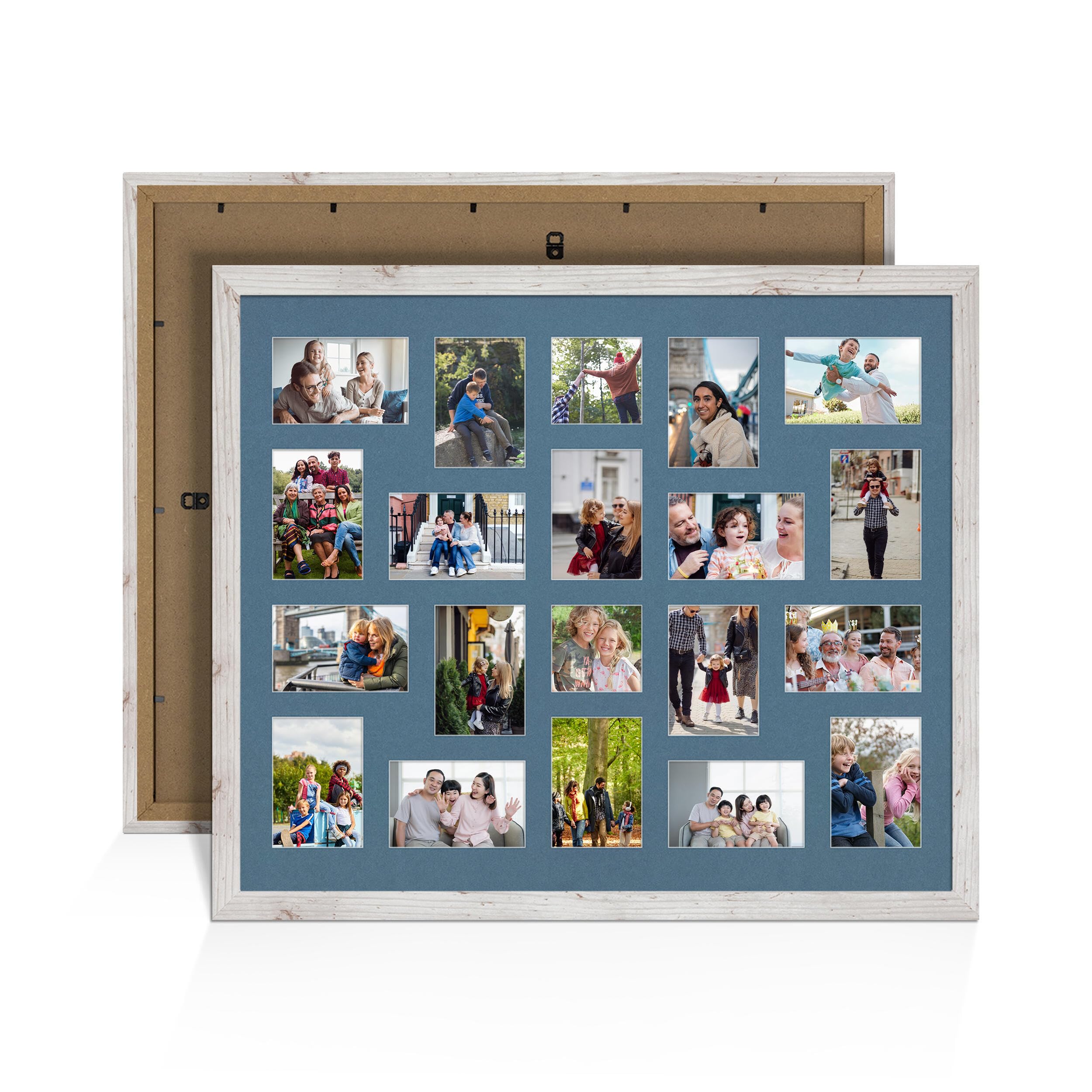 Alison Kingsgate White Rustic 80x70cm Photo frames for multiple pictures - 20 Apertures Collage Frame with Pompadour Mount- Holds (18x) 6x4 & (2x) 4x4 Photos - Engineered Wood & Perspex