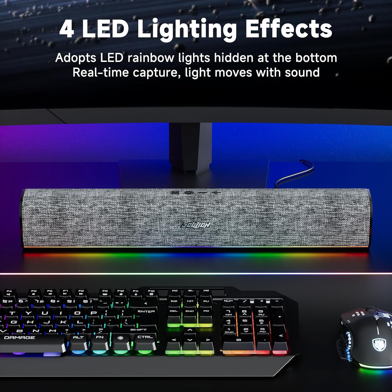 SOULION R100 Bluetooth Computer Speakers with Dynamic LED Light, USB Plug & Play PC Speakers with Switch Button, Clearly Sound Soundbar for Desktop Laptop Monitor(USB-C to USB Adapter Included)