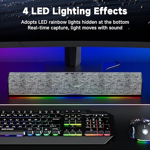 Miniatura 5 de SOULION R100 Altavoces de computadora Bluetooth con luz LED dinámica, altavoces de PC USB Plug & Play con botón de interruptor, barra de sonido de