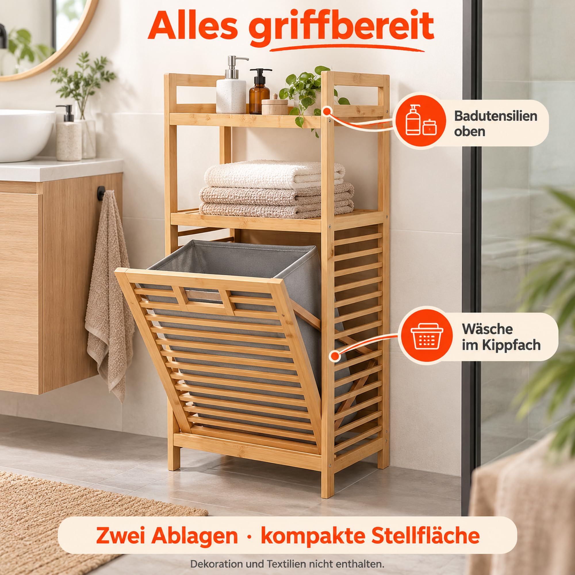 Bambus Badregal mit Wäschekorb, 2 Ablagen, 40 × 30 × 95 cm