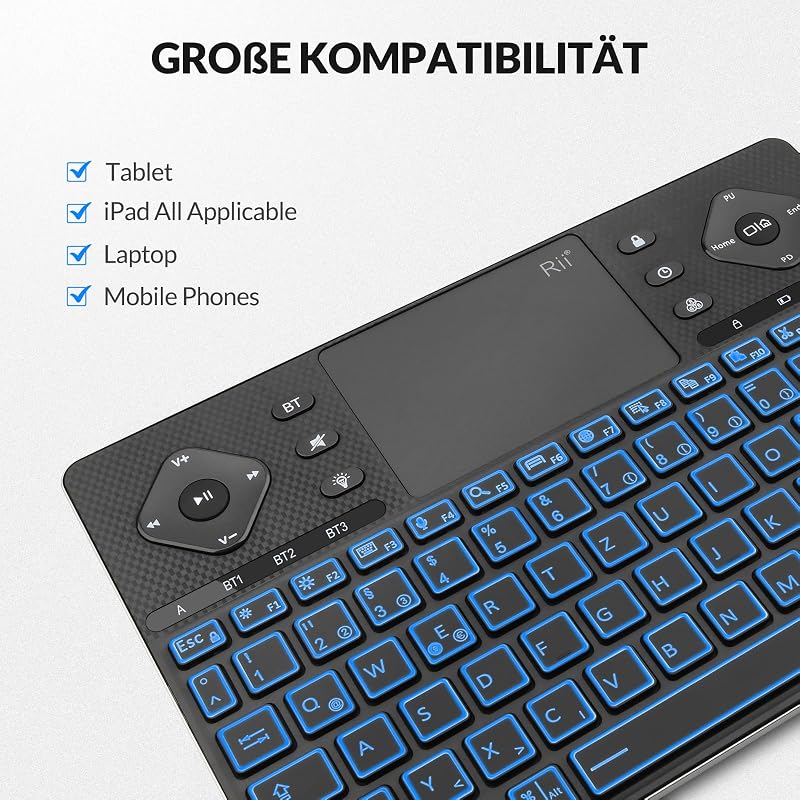 Rii Bluetooth billentyűzet touchpaddal, 12 színű háttérvilágítás, multimédia gombok Smart TV tablet laptop PC-hez fekete