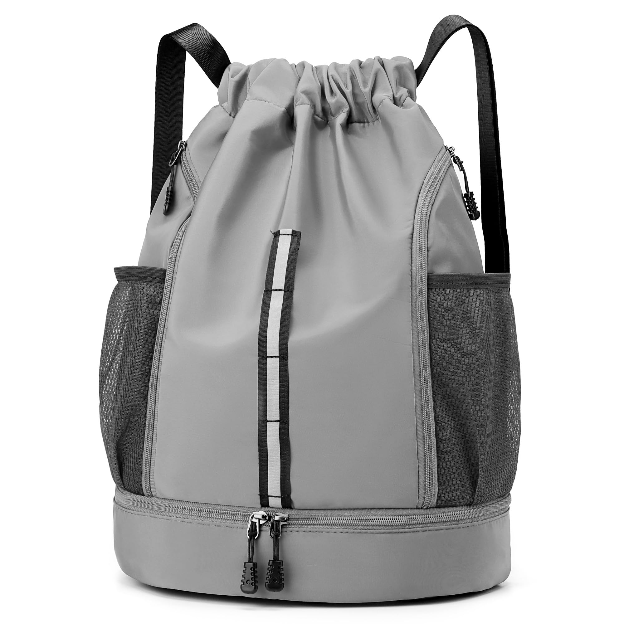 XMYAOWEI Sport Gym Bag Drawstring Backpack Beach Bag for Men Women with Shoe Compartment and Reflective Strips (Grey)