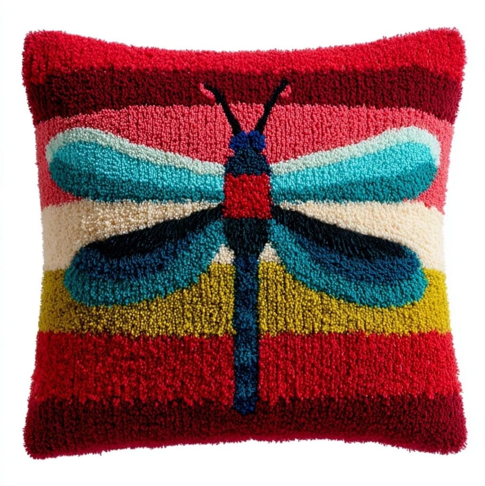 Henypt Latch Hook Craft Kit 17x17 Inch,Cartoon Dragonfly Complete Embroidery Cushion Kit,Creative Craft Stress Relief Handmade Gift for Beginners