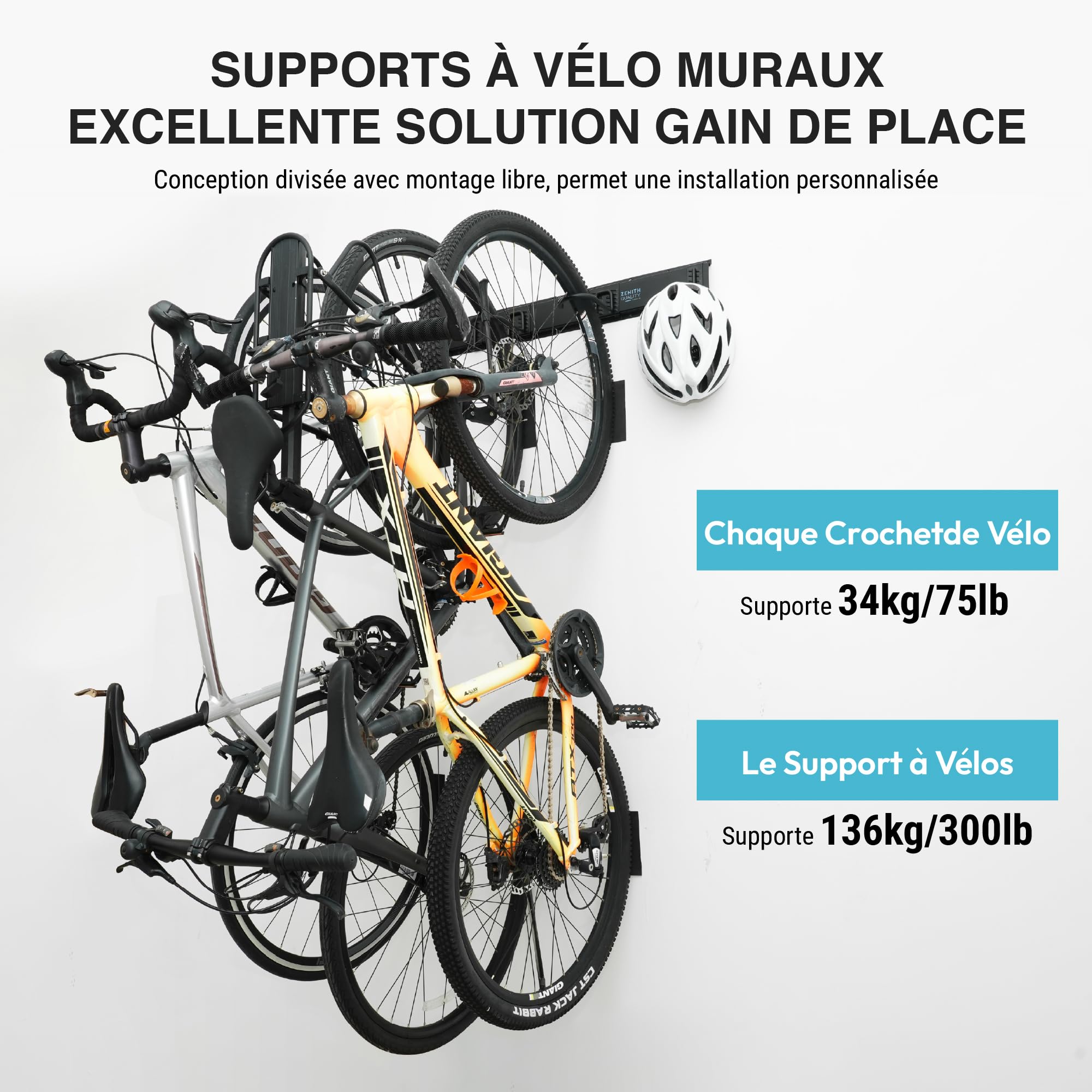 ZQ - Support vélo mural et porte vélo mural | Crochet vélo mural avec 4 supports pour vélos, 3 pour casques, capacité 136 kg | Inclut des protections adhésives