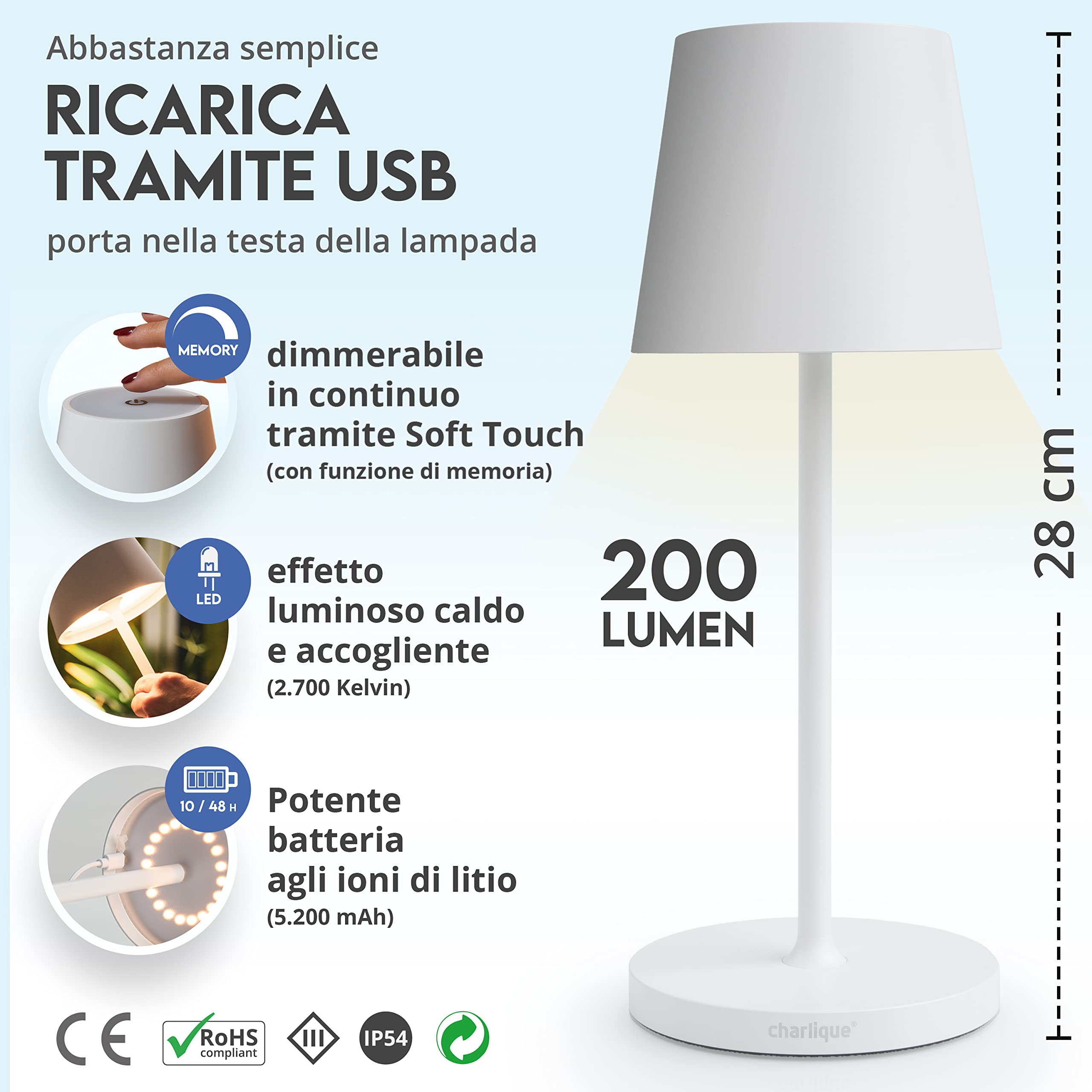 Lampada da tavolo a LED senza fili, mini (confezione doppia) – Luce bianca 28 cm – Lampada da tavolo con batteria di alta qualità con USB, ricaricabile, luce calda, adatta per interni ed