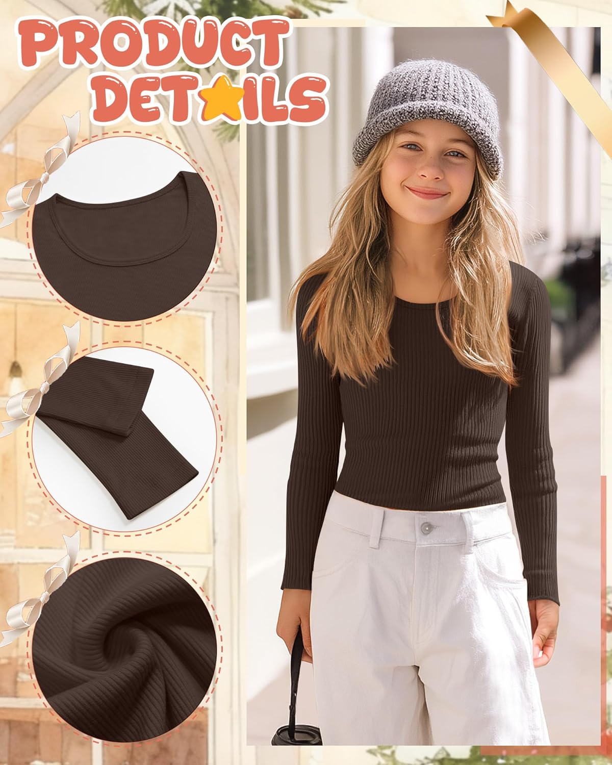 3 Pack Girls Long Sleeve Shirts Ribbed Cotton Layering Tops Scoop Neck Slim Fit Basic Tee Undershirts 5-14 Years - Image 4