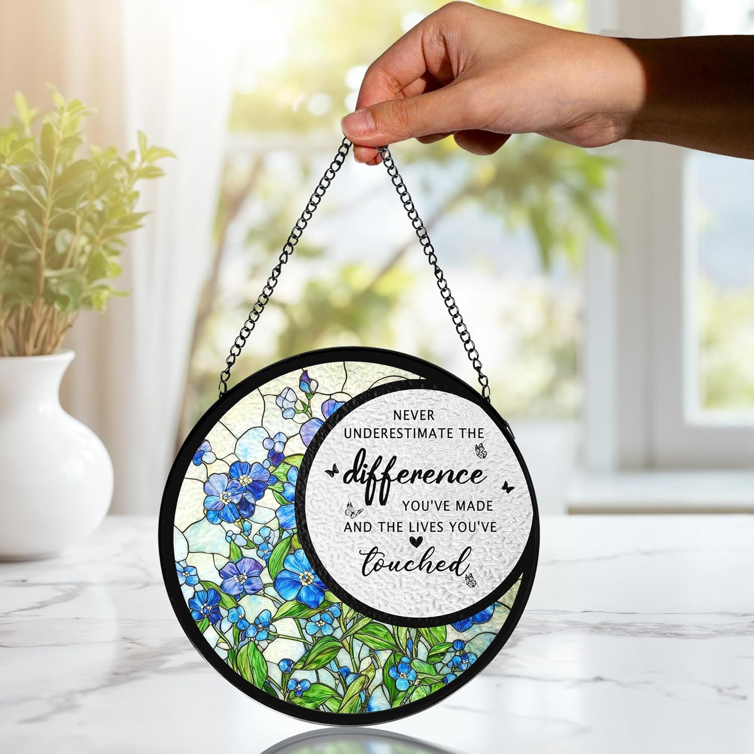 Difference Maker Gift Stained Glass Window Hanging, Thank You Appreciation Gifts, Blue Forget Me Not Flower Suncatchers Sun Catchers Indoor Window Glass Wall Art Decorations, 7.9x7.9in