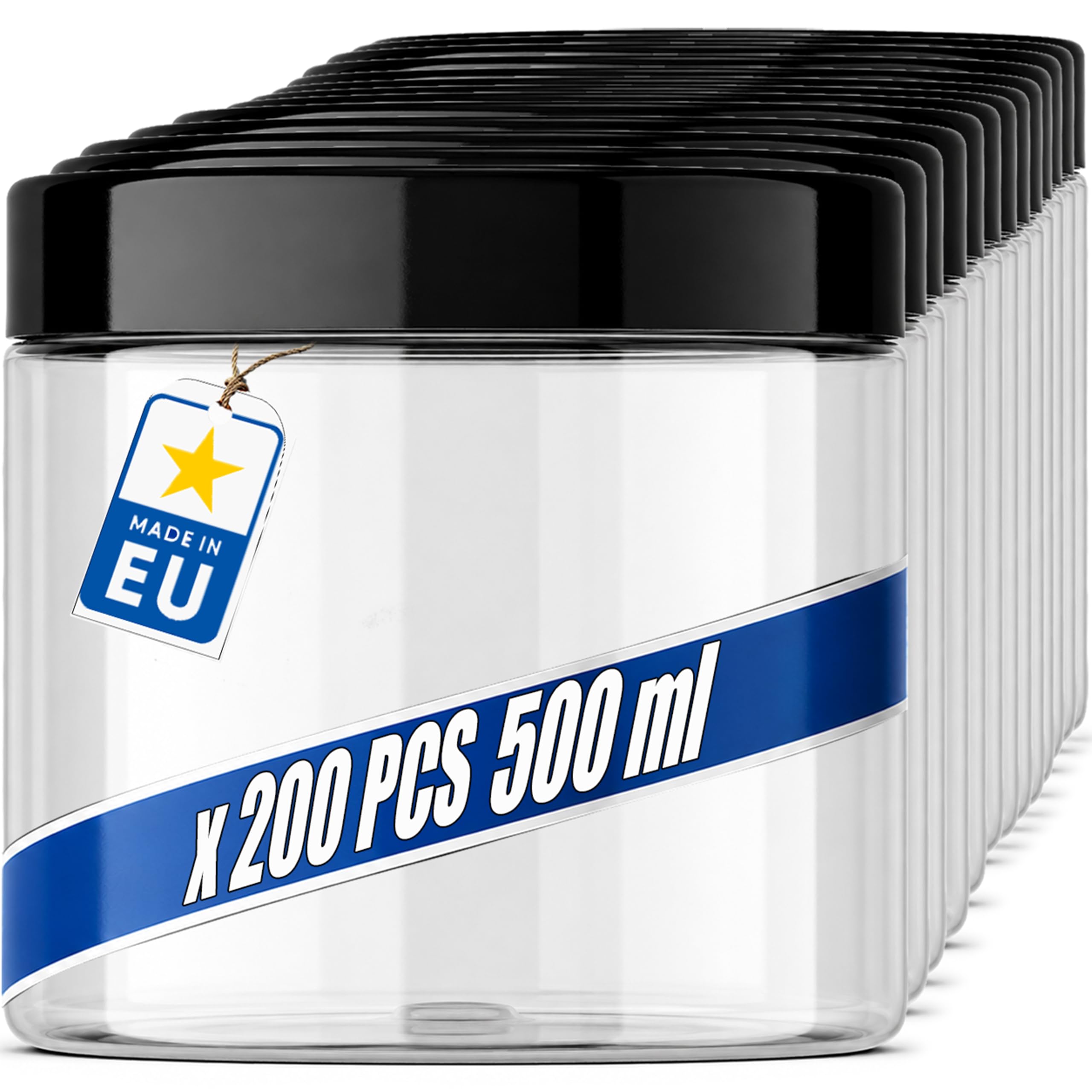 POSH Barattoli ermetici, 200 x 500 ml, in PET per uso alimentare, con coperchio a vite nero, contenitori in plastica trasparente con coperchio per spezie e caffè