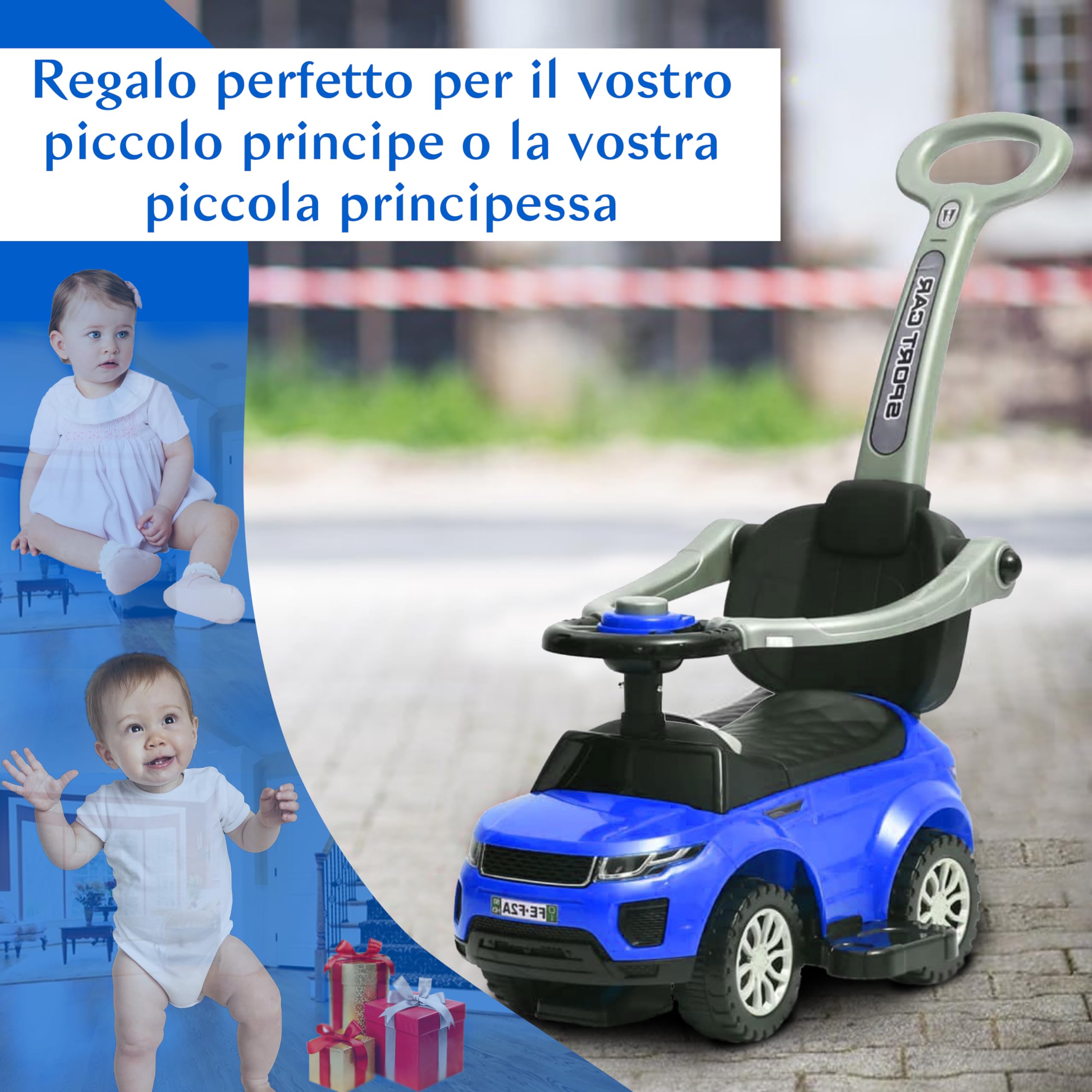 COIL Porteur pour enfants à partir de 1 an avec barre de poussée 614 W, design 3 en 1, accessoires de voiture, Bobby, avec barre et volant, bleu COIL Porteur pour enfants à partir de 1 an avec barre de poussée 614 W, design 3 en 1, accessoires de voiture, Bobby, avec barre et volant, bleu