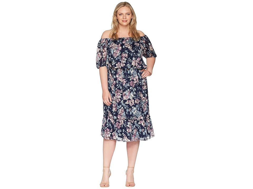 

Adrianna Papell Plus Size Off Shoulder Blouson Burnout (Navy Multi) Women's Dress