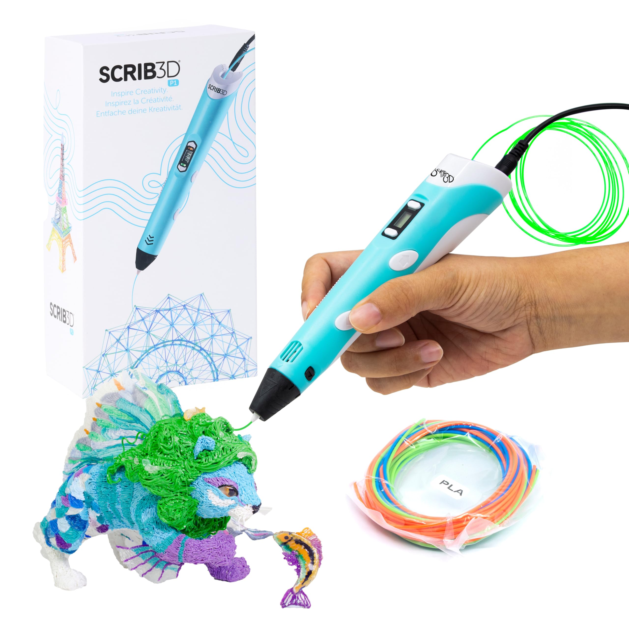 SCRIB3D P1 3D Printing Pen with Display - Includes 3D Pen, 3 Starter Colors of PLA Filament, Stencil Book + Project Guide, and Power Adapter