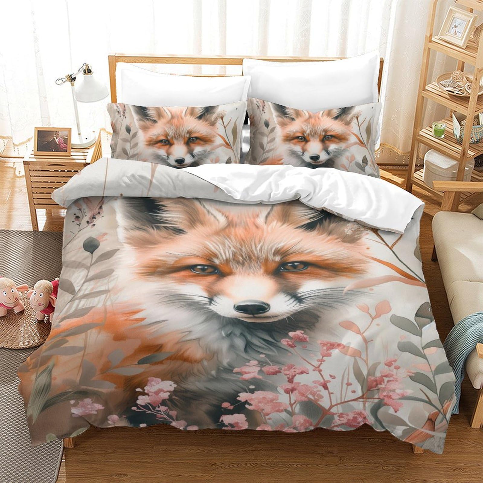 Housse de couette renard de la jungle 140x200 microfibre respirante parure de lit single 3 pièces
