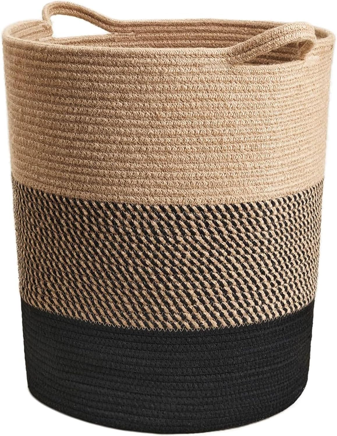 ALBY® Large Rope Basket - Tall Laundry Basket Hamper for Dirty Clothes Woven Jute Storage Basket for Blanket in Living Room Toy Basket for Nursery Storage, 17.8" x 15.8" x 13.8" (BLACCK & JUTE)