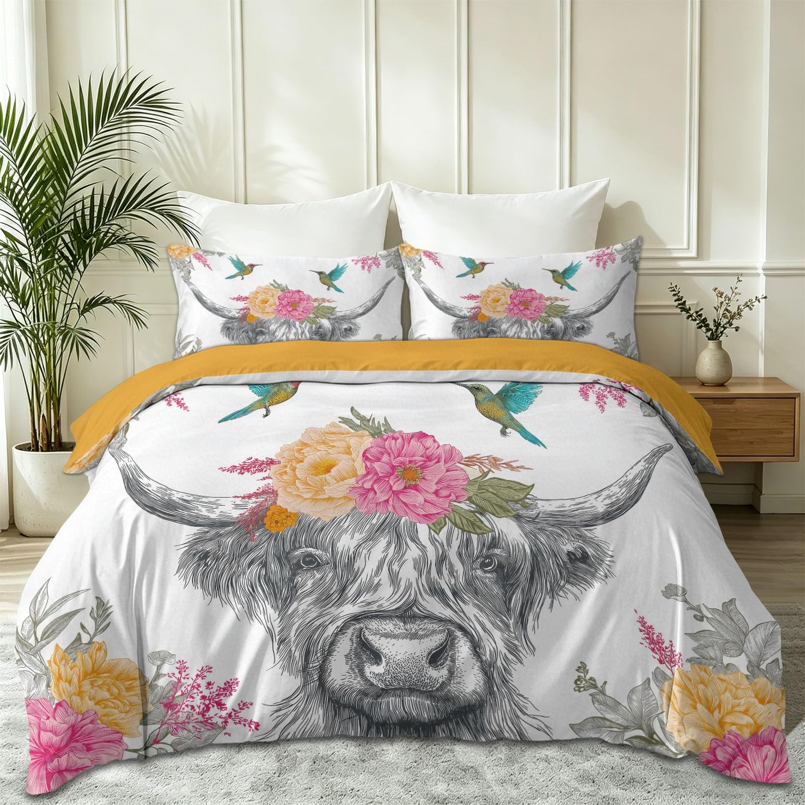 Pastoral Bohemian Dwustronna poszwa na kołdrę Krowa Highland Kwiaty Ptaki Liście 2 osoby i 2 poszewki na poduszki, 240 x 220 cm Zestaw pościeli z mikrofibry z zamkiem błyskawicznym, biały