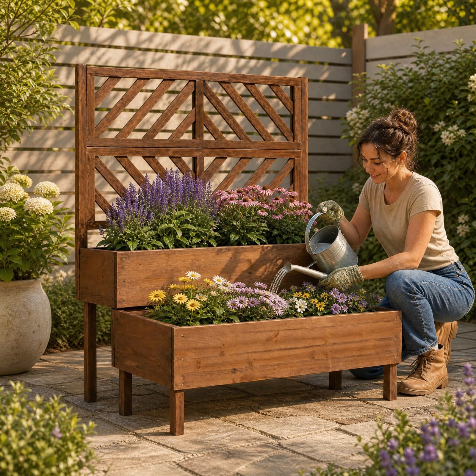 HOMASIS Jardinière avec grille en bois pour l'extérieur, treillis à 2 étagères, plantes grimpantes en sapin, drainage, 109 x 62 x 135