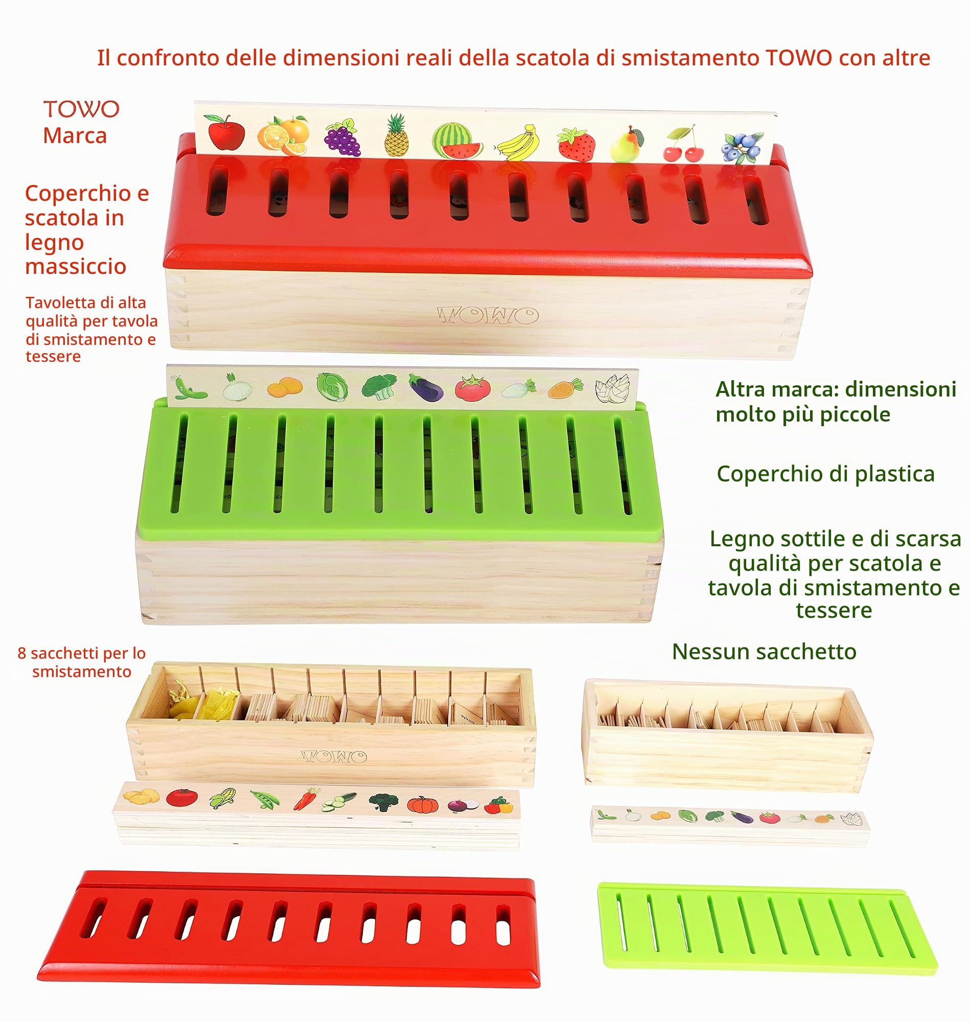 Toys of Wood Oxford TOWO Scatola con Giochi di Legno per Bambini Montessori - Giochi di Classificazione, Selezione e Abbinamento per Imparare Oggetti, Numeri e Colori - per Bambini di 1 Anno