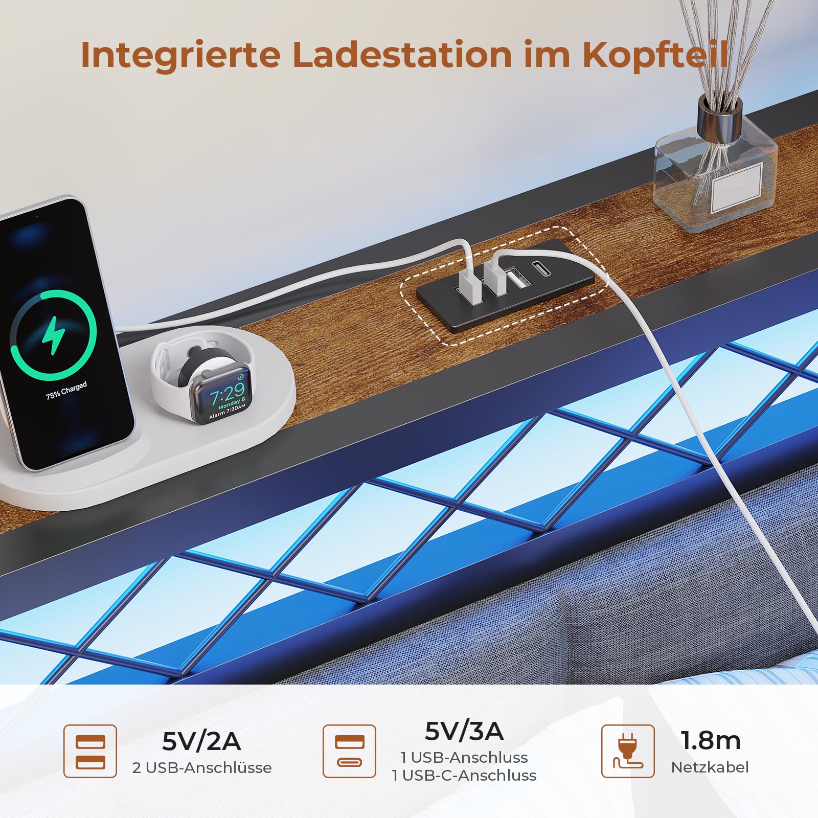 AOGLLATI Polsterbett Schlafsofa 140x200 mit USB-Steckdosen und LED-Beleuchtung Jugendbett 140x200 mit 2 Schubladen,Tagesbett Gästebett Bettgestell mit Lattenrost,Ohne Matratze(Grau,140x200cm)