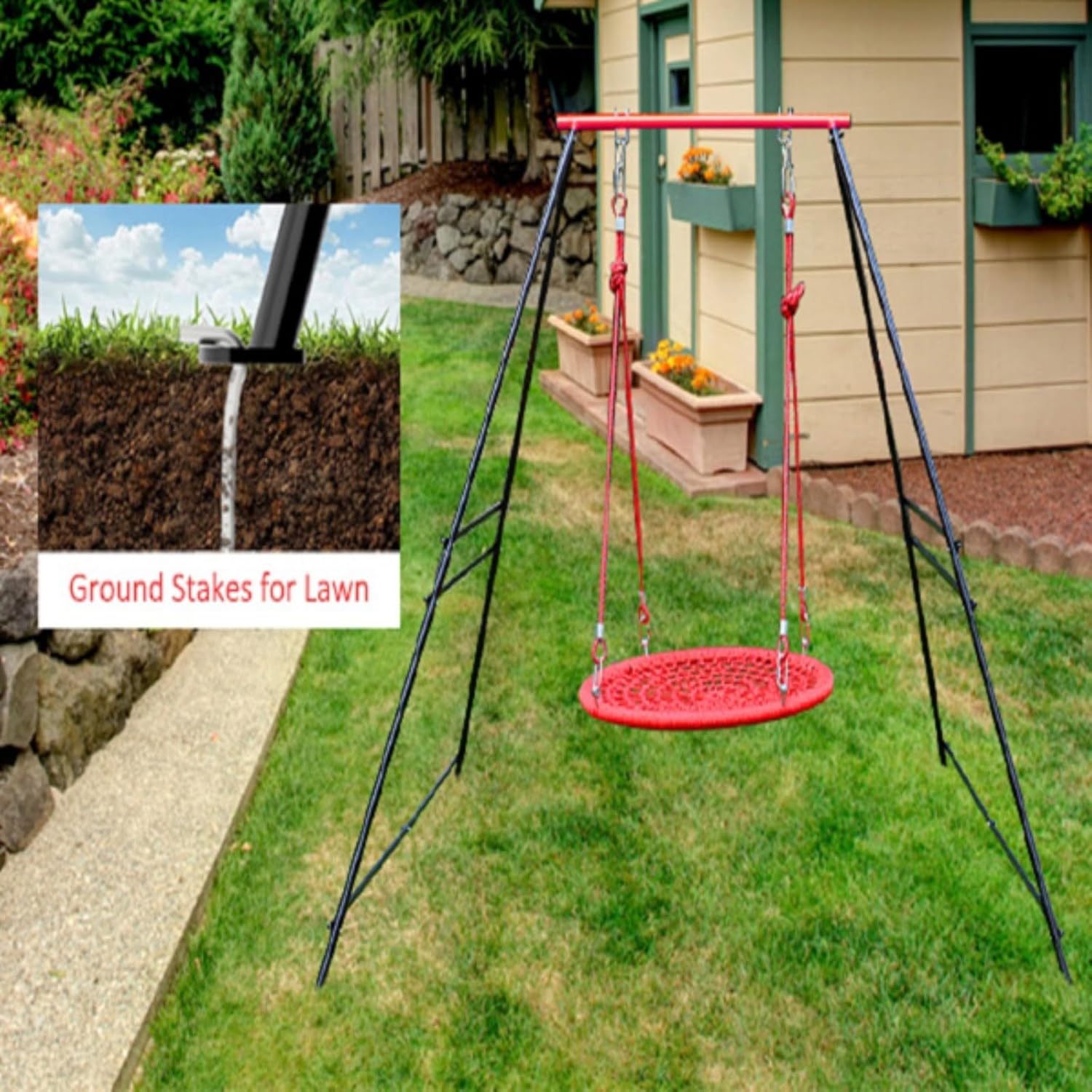 Porch Swing Set, Outdoor Swing, Heavy Duty A-Frame Swing Set, Pre-Drilled Holes, Easy Installation, 550-lb Weight Capacity, Backyard Outdoor Indoor, Red and Black (Swing Chair Not Included)