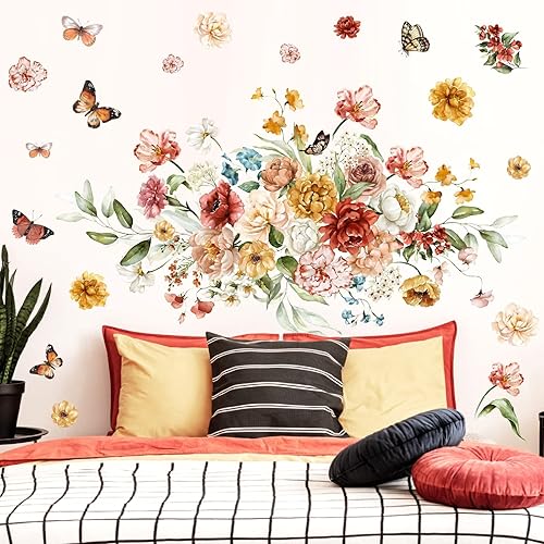Calcomanías de pared de flores grandes, calcomanías de pared vintage de peonía para despegar y pegar, calcomanías de pared florales de primavera