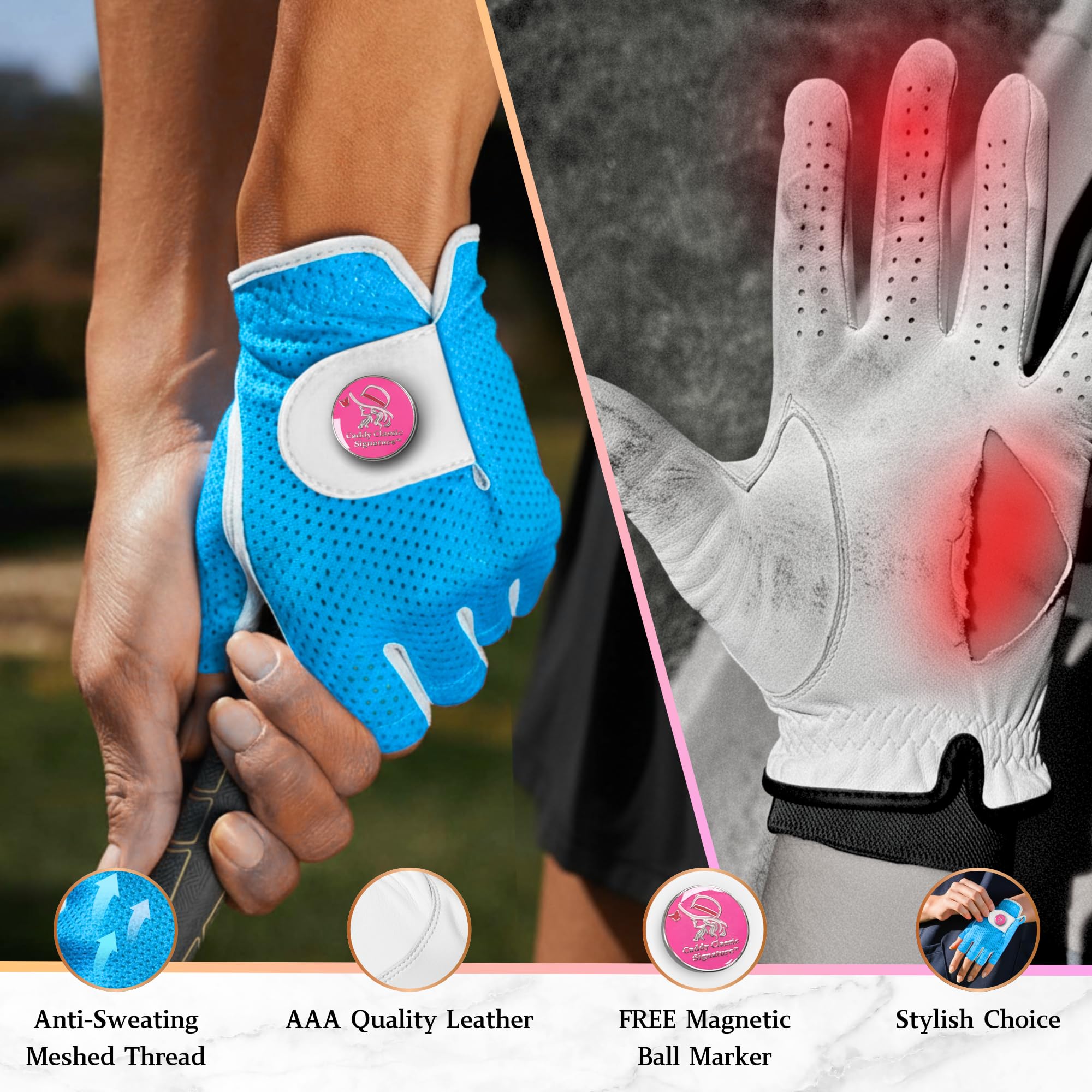 Caddy Classic - Guante de golf para mujer | Diseño de malla de medio dedo para una alta transpirabilidad | Construcción de cuero de primera calidad para un ajuste cómodo | Incluye elegante marcador