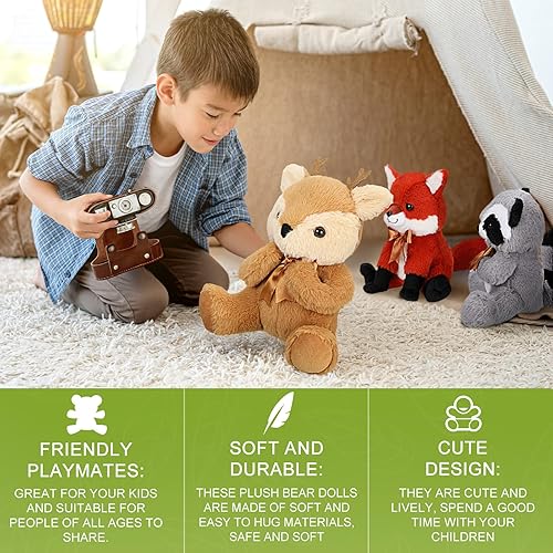 Miniatura 7 de Juego de animales de peluche del bosque, juego de animales de la selva que incluye peluche alce, zorro, mapache, oso negro, juguete realista,