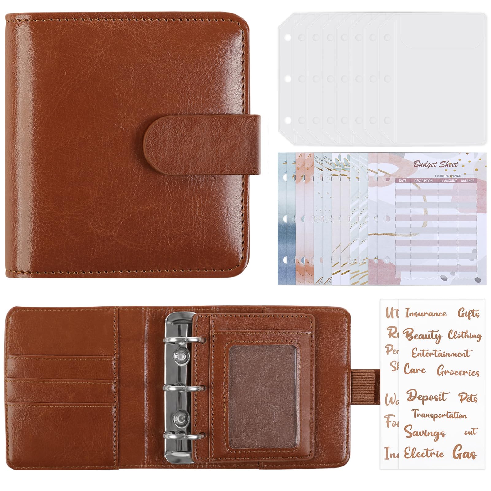 Small Wallet for Women, A8 PU Budget Binder Wallet with Card Holder Combo, Women’s Mini Purse with ID Window and Envelopes for Ladies Girls, Brown