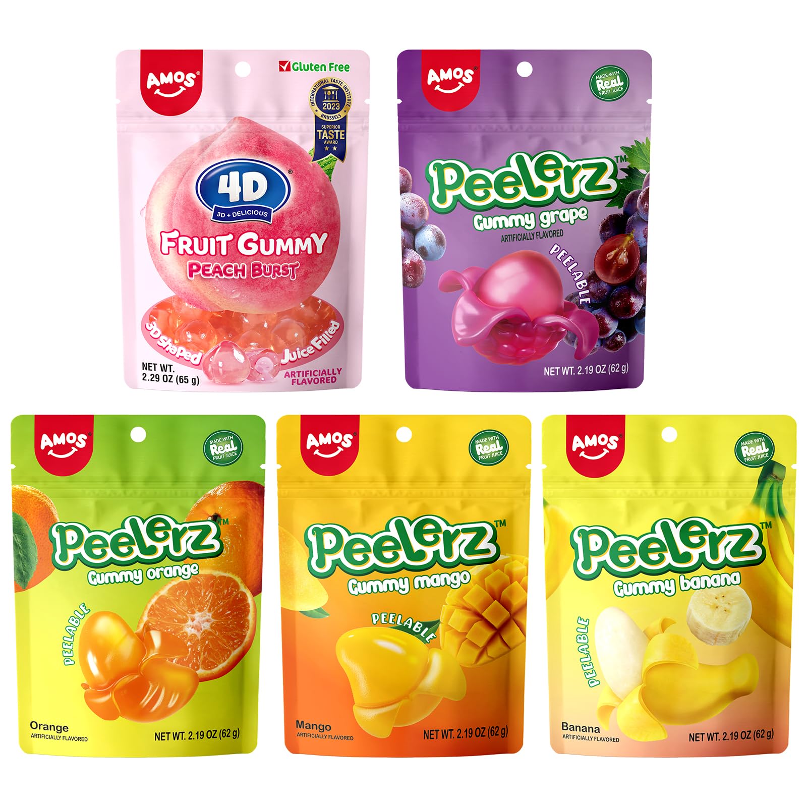 AMOS Peelerz & Fruit Burst Variety Pack – 5 Individual Packs (4 Peelerz: Mango, Banana, Grape, Orange + 1 Fruit Burst: Peach)