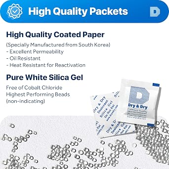 Dry & Dry 1 Gram [50 Packets] Silica Gel Packets Desiccants, Silica Packets - Rechargeable Moisture Absorbers for Food Storage, Electronics, 3D Filament & Safes
