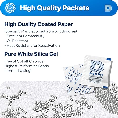 Dry & Dry 1 Gram [50 Packets] Silica Gel Packets Desiccants, Silica Packets - Rechargeable Moisture Absorbers for Food Storage, Electronics, 3D Filament & Safes