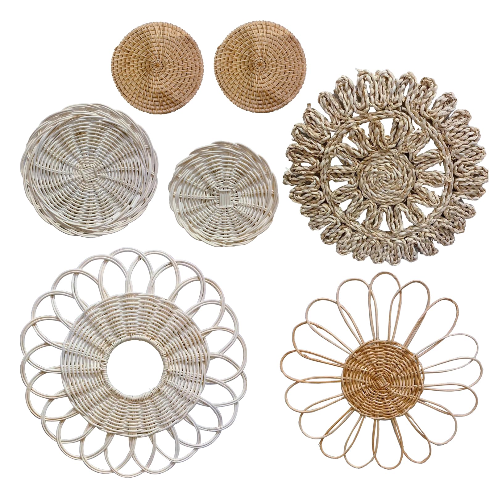 Set Decorativo Parete Boho 7 Cestini Rotondi In Vimini E Rattan Intrecciato A Mano