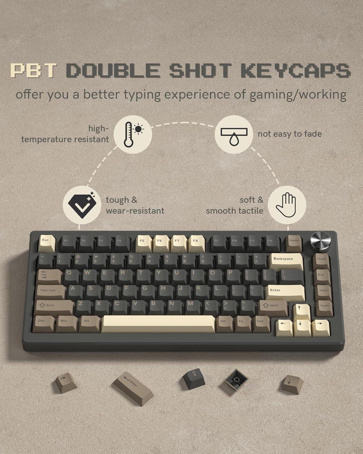 Keycaps 138 Double Shot, Cherry PBT Capuchons de Touches de Sublimation Colorant ANSI US 60 65 75 100% pour 61/64/68/84/87/100/104/108 Clavier mécanique de Jeu rétro, Marron/Gris