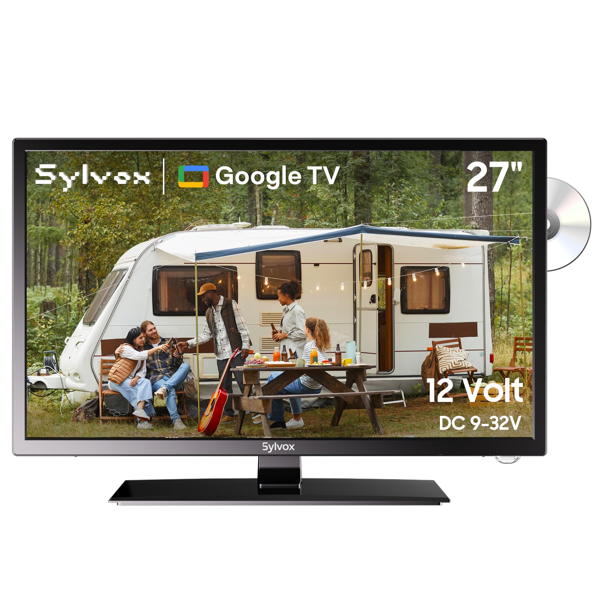 SYLVOX 27 inch Smart TV, FHD 1080P Caravan TVs with DVD Player, Google TV Compatible, Voice Control, HiFi Speaker, AC/DC, Wide Voltage, DVB-T2/C/S2, HDMI USB, 12V Television for Motorhomes, Campervan