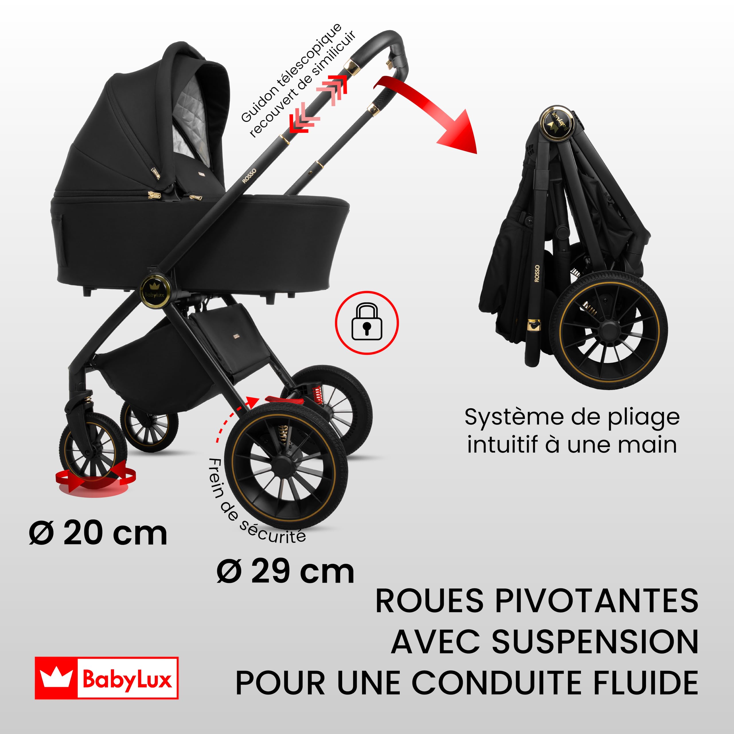 BabyLux Poussette 3en1 Set Rosse, Pliable Léger Poussettes Combinées Baignoire Bébé, Buggy Siège Sport, Coque Bébé I-Size, 4 Positions Couchage, 0-22kg