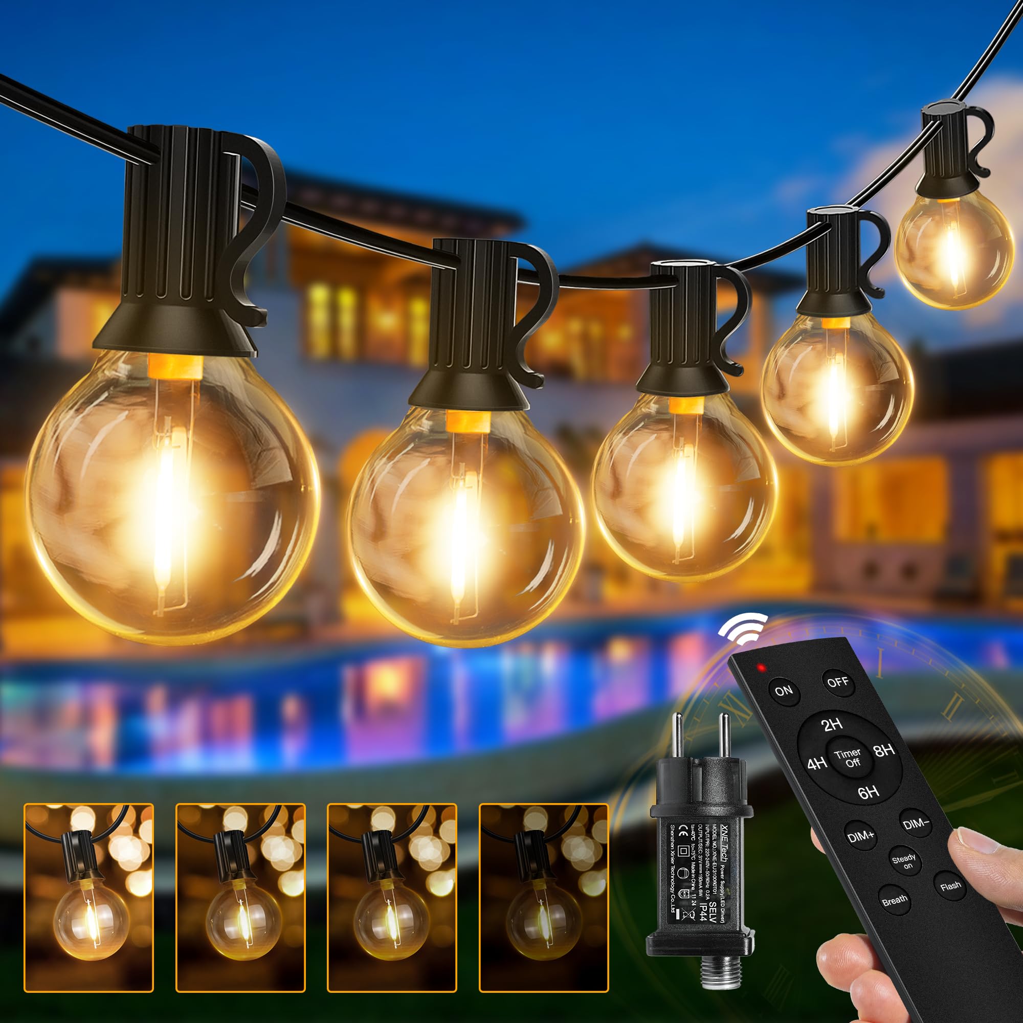Ollny LED Lichterkette außen 10M Dimmbar, Lichterkette Outdoor strom 15+1 G40 Glühbirnen mit Fernbedienung, 3 Modi 4 Timer wasserdicht für Garten Balkon Party Terrasse (Warmweiß EU-Stecker)