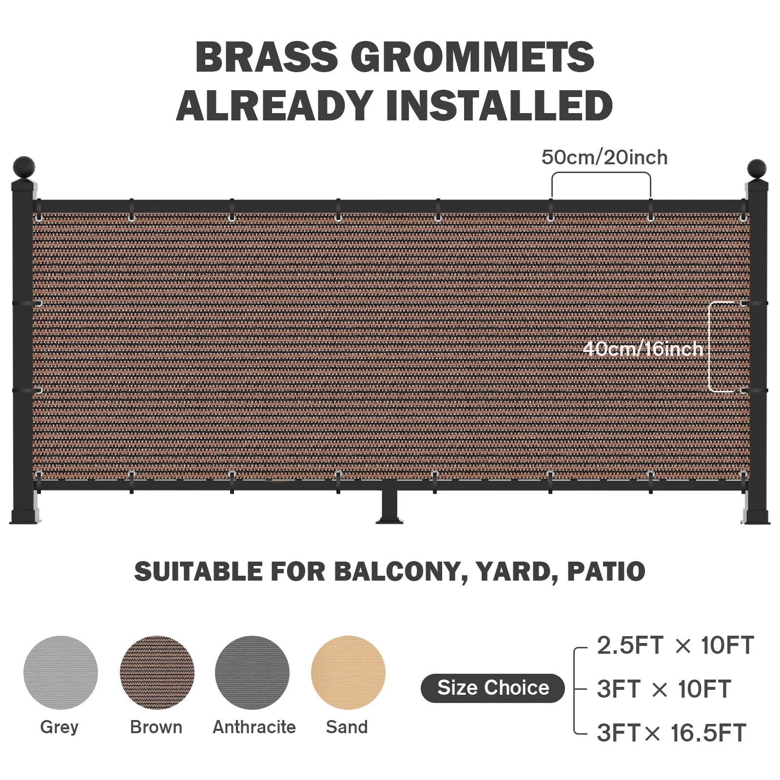 Brise-vue Balcon 75x300cm UIRWAY - HDPE, Protection UV 98%, Fermeture éclair, Pour Intimité Et Sécurité Enfants/animaux - 7