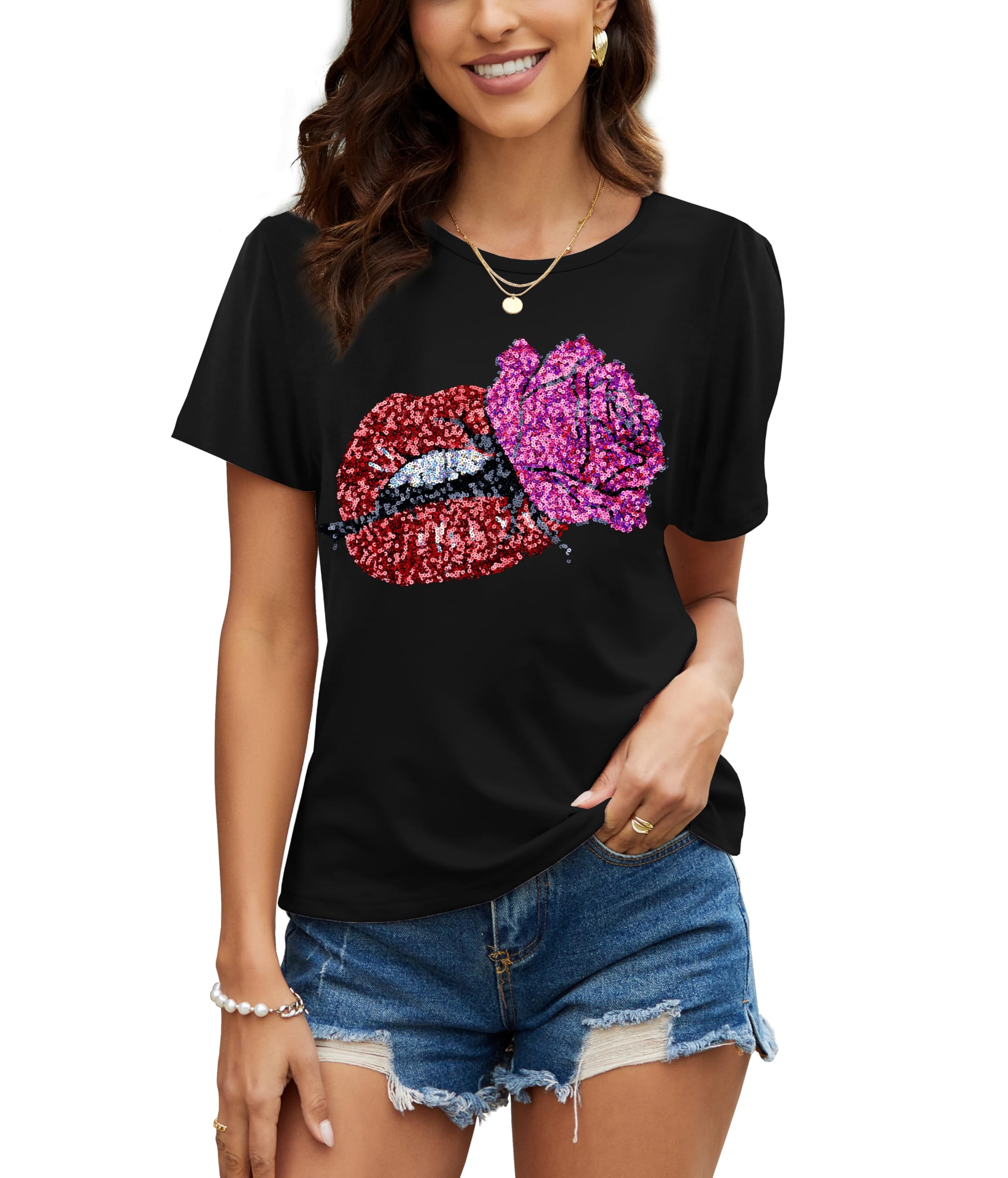 PESION Womens Short Sleeve T-Shirt Sequined Tops O-Neck Funny Graphic Tees Blouse