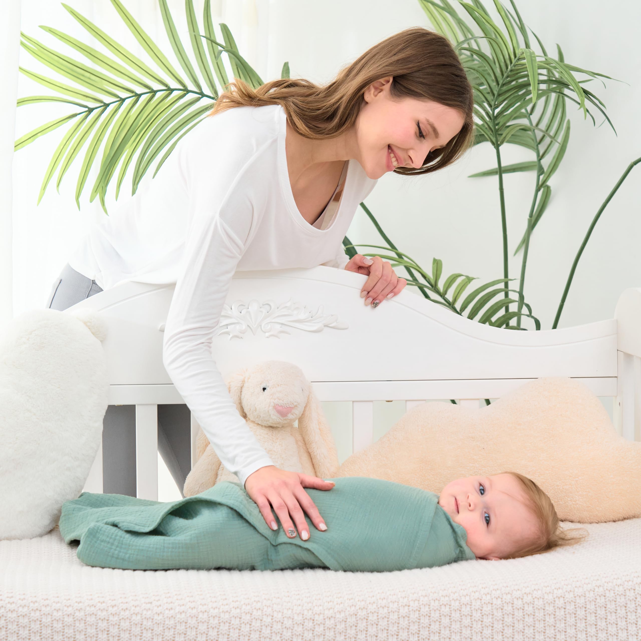 CottCare Uuisex Baby - Mantas de recepción 100% muselina de algodón, 31 x 35 pulgadas, paquete de 3, beige/verde salvia/rosa rosa
