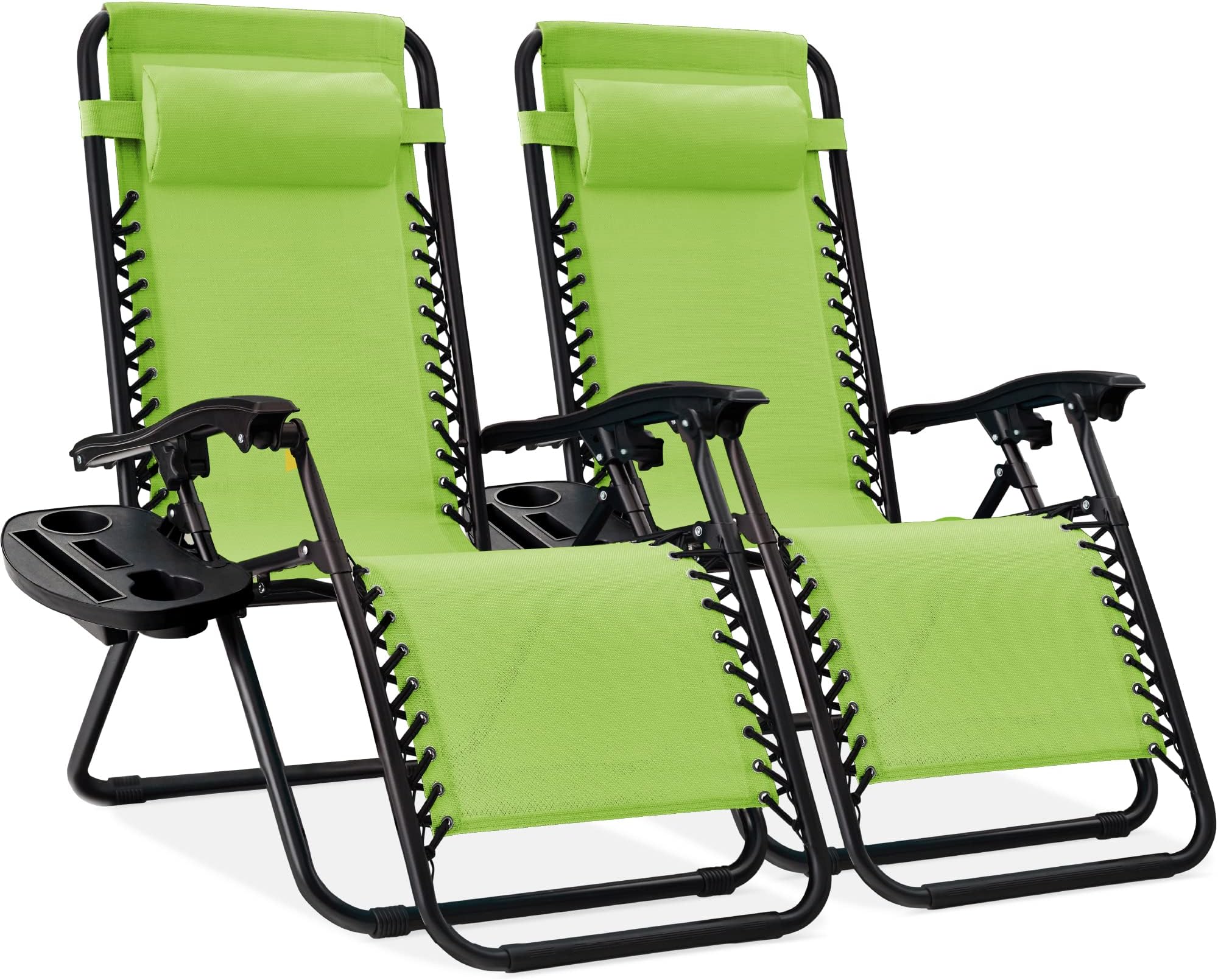 Best Choice Products Set of 2 Adjustable Steel Mesh Zero Gravity Lounge Chair Recliners w/Pillows and Cup Holder Trays - Lime Green