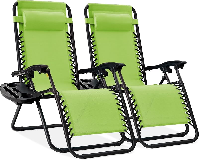 Set of 2 Adjustable Steel Mesh Zero Gravity Lounge Chair Recliners w/Pillows and Cup Holder Trays - Lime Green