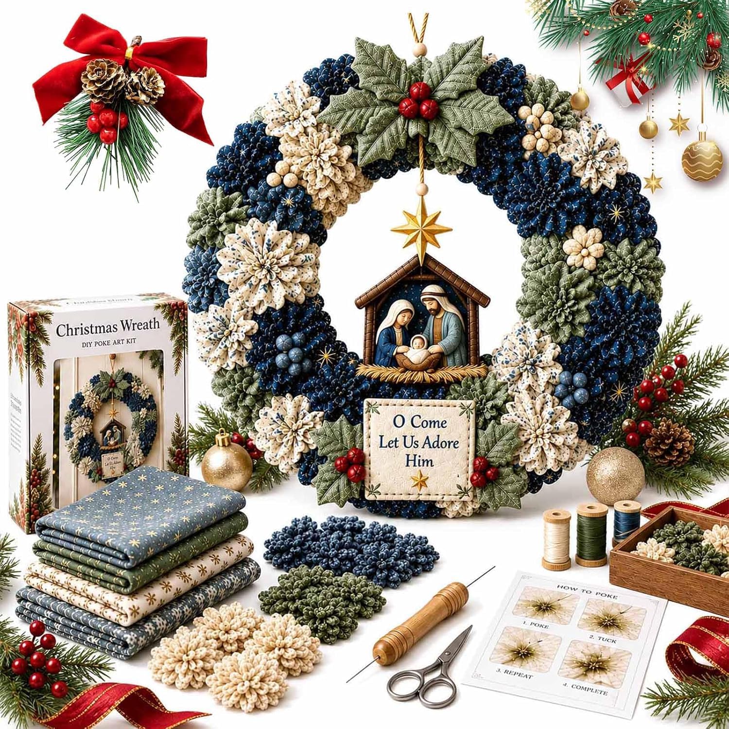 3D Fabric Poke Wreath DIY Kit, 3D Fabric Poke Art Kit for Adults，Nativity