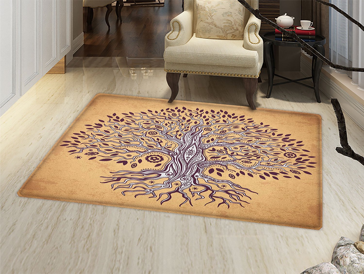 smallbeefly Tree of Life Door Mats Area Rug Vintage Inspired Modern Graphic of an Aged Plant with Swirling Branches Print Floor mat Bath Mat for tub Cream Brown