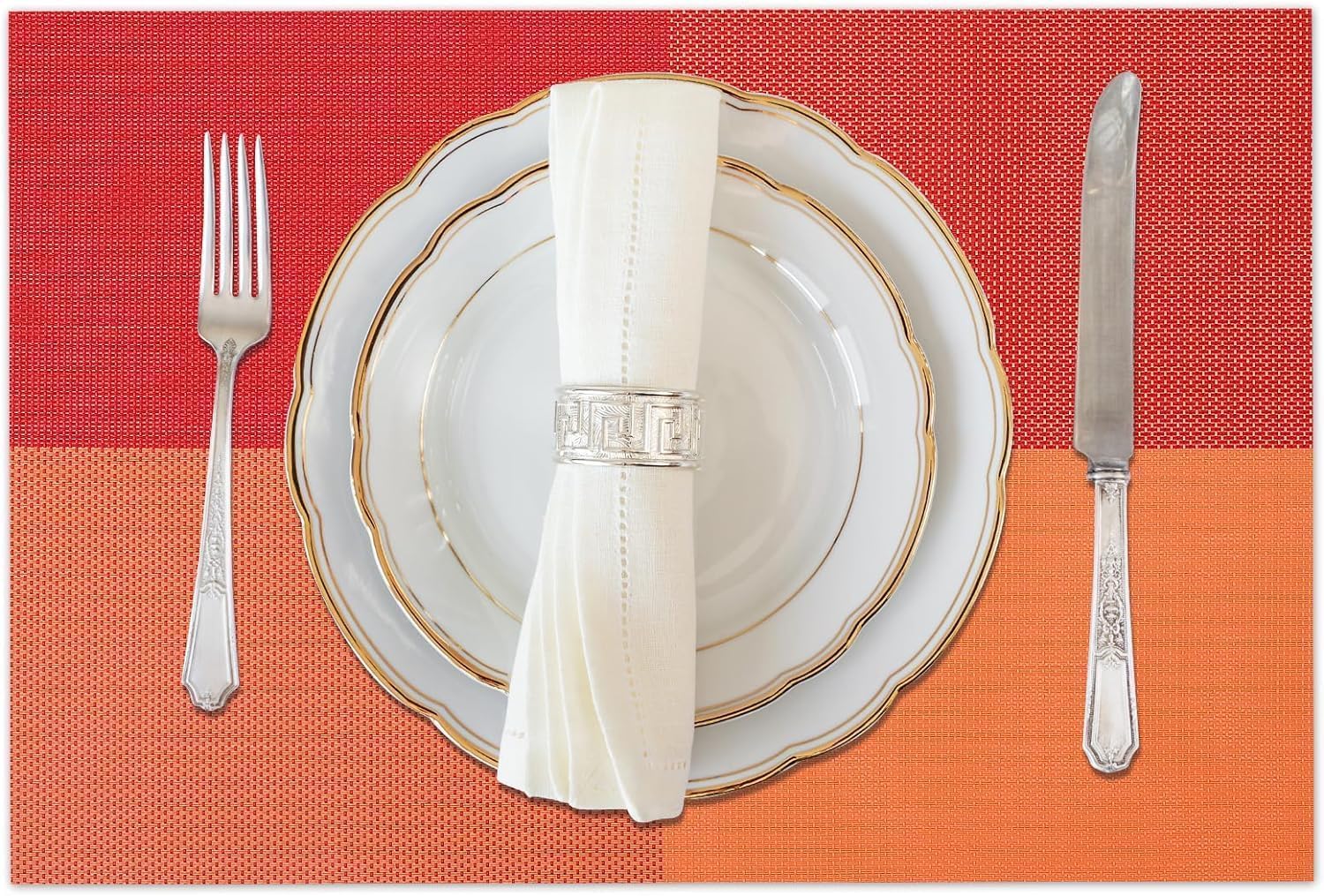 Feinerman 6 Pcs PVC Woven Vinyl Placemats Set, Non-Slip, Heat-Resistant & Washable Table Mats, Stain-Resistant, Anti-Skid for Kitchen, Dining Table & Restaurant, Easy-to-Clean Dining Mats (Orange) 4