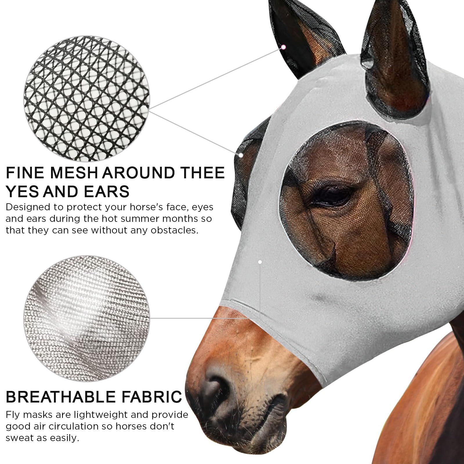dellyy Maschera Antimosche Cavallo, Maschera Mosche Cavallo, Elastico Maschera Cavallo Antimosche, Maschera Mosche Cavallo Protezione UV, Cuffietta Cavallo (Grigio)