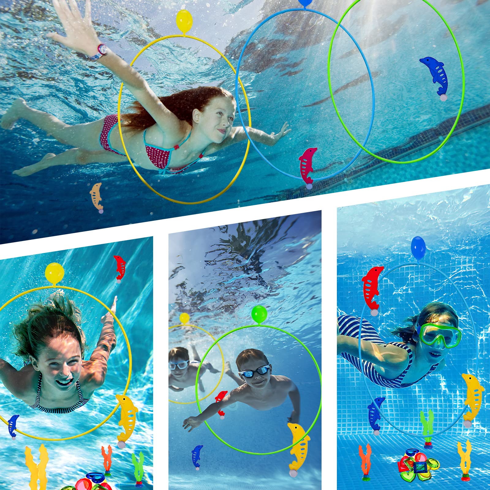 Jouets de Piscine pour Enfants 5-12 Ans, Ensemble de Plongée avec Anneaux, Dauphins, Herbes Marines, Pierres Précieuses et Sac de Rangement