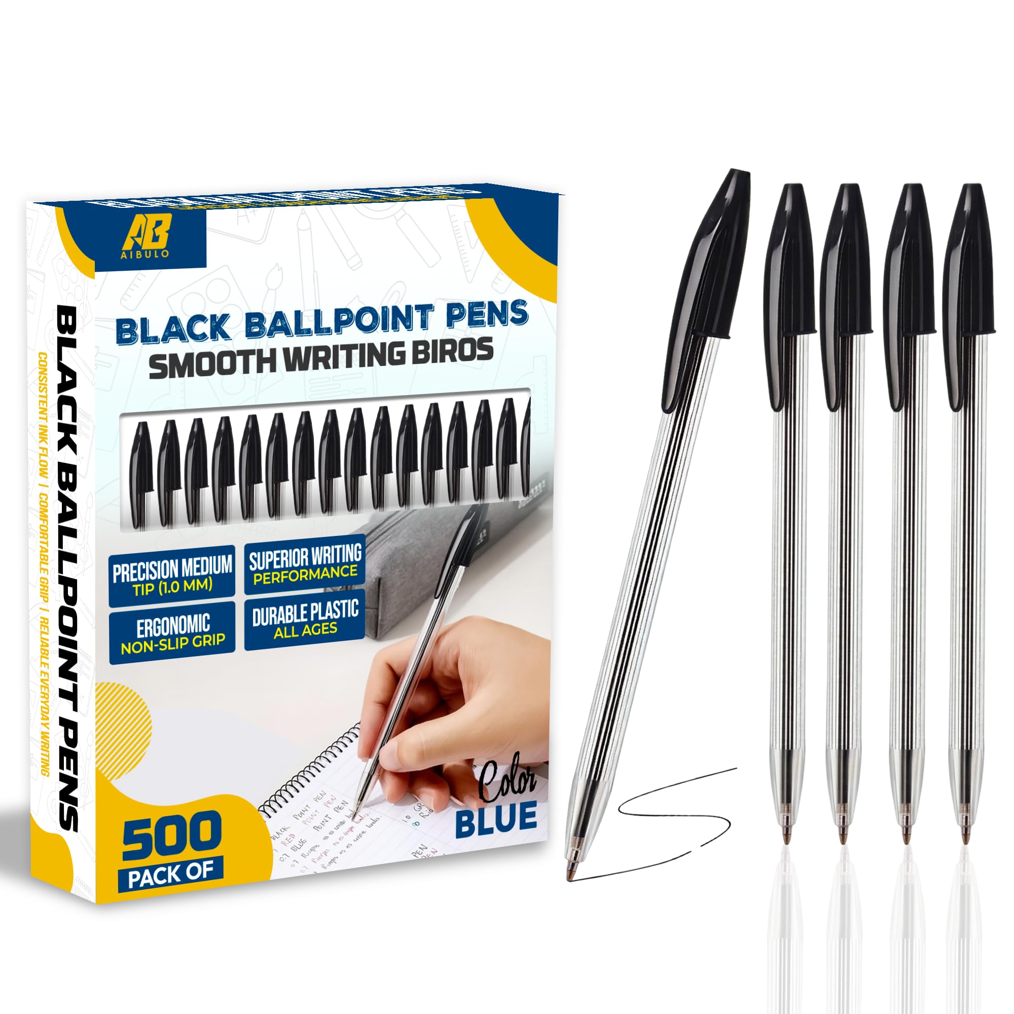AIBULO 500 Black Ballpoint Pens โ 10 x 50 Pack Biro Pens with Smooth Black Ink for Everyday Writing, School, Office & Home Use โ Medium Tip Writing Pens, Bulk Stationery Set