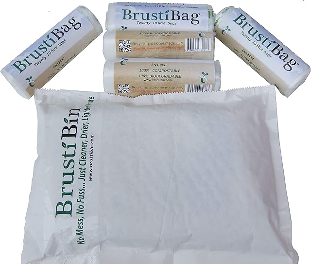 Brustibags, 100 Compostable 10 Litre Liners suitable for Brustibin & Kitchen Caddies