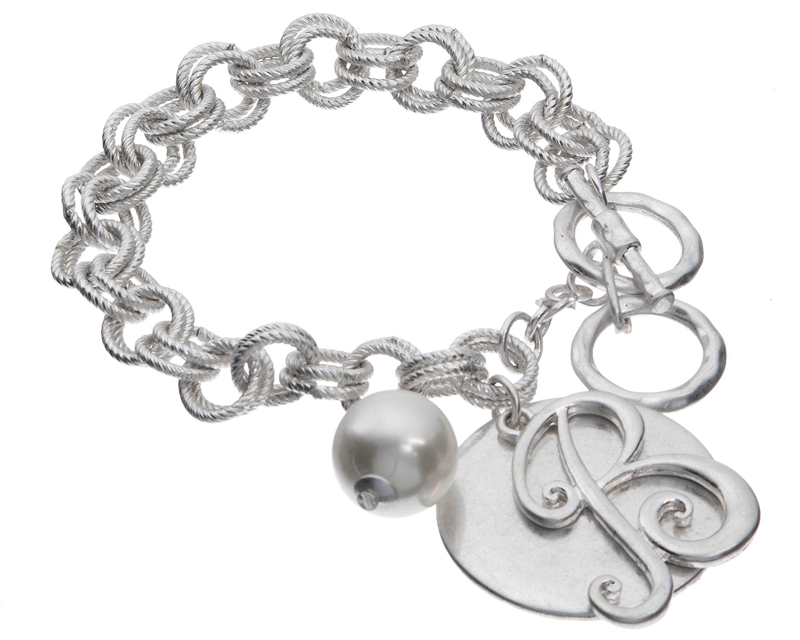 JNXMonogram Silver-Tone Overlay Medallion Bracelet Imitation Pearl & Toggle Closure