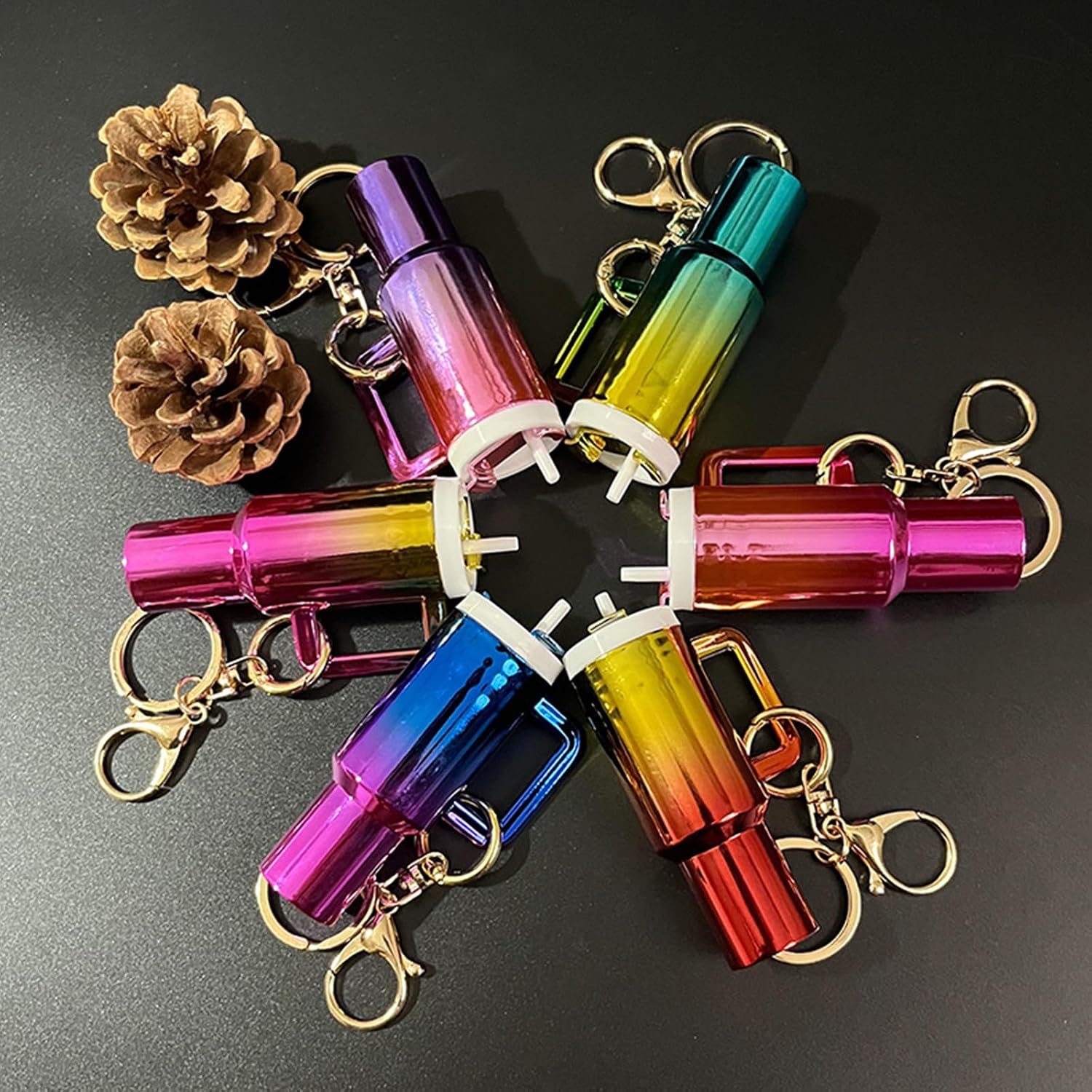 6 Pcs Mini Tumbler Keychain Chapstick Holder - Multicolor Gradient Lip Balm Holder Keychain for Women Girls, Cute Cup Charms for 40oz Tumbler Accessories, Purse & Backpack Hanging Gift Set